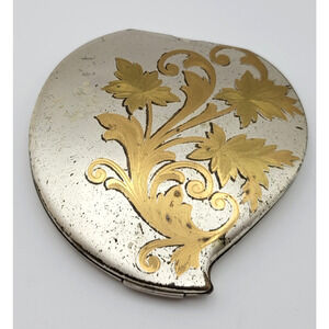Vintage Elgin American Heart / Tear Drop Shape Flowered Compact Gold Silver 3"